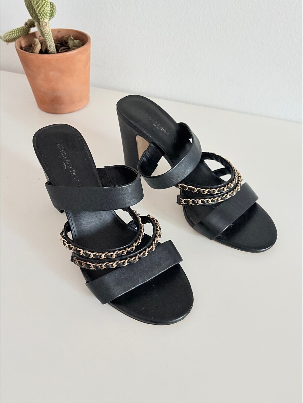 Block Heel Sandals Black & Gold Metallic Chains 9M KARL LAGERFIELD Daisy